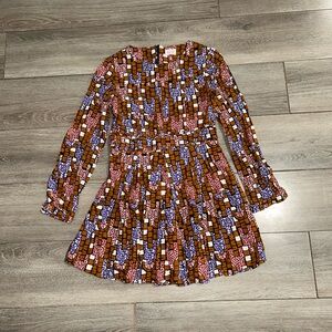 Morley Designer Brown Blue Pink Print Long Sleeve Mini Dress Size 8 Y